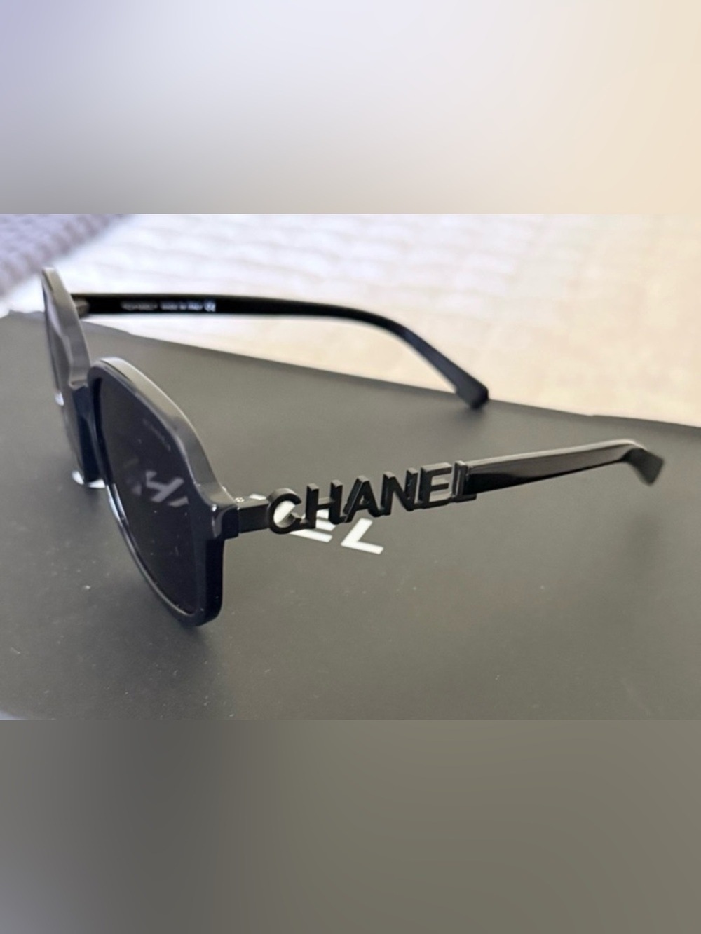 CHANEL Oversized Round Black Logo Temple Sunglasses with dark lenses! Like New.